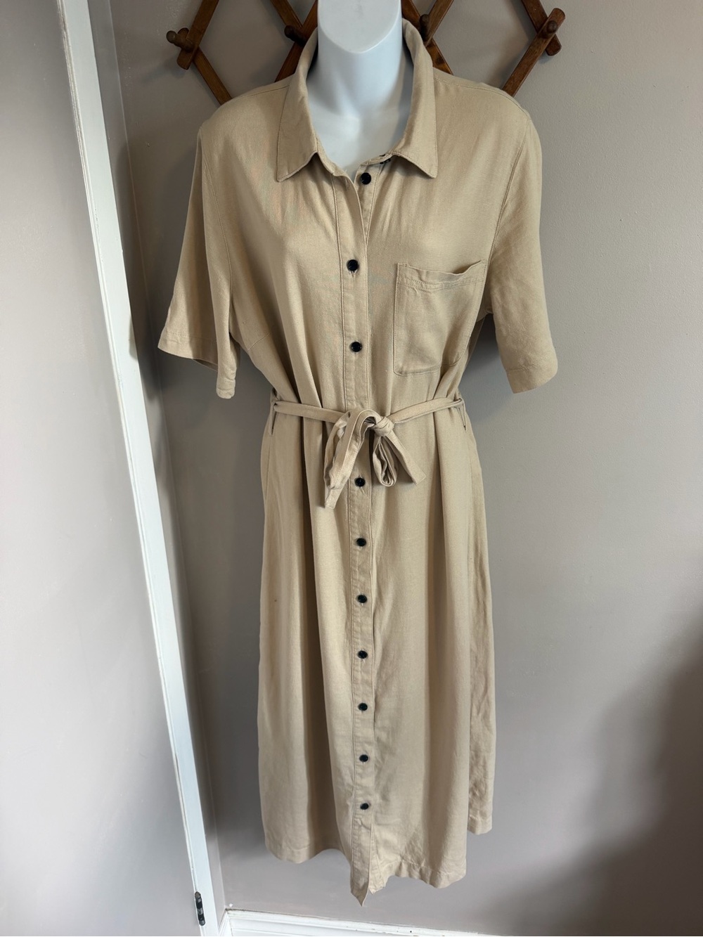 ONLY Beige Linen Blend Short Sleeve Belted Shirtdress Pocketed Midi L